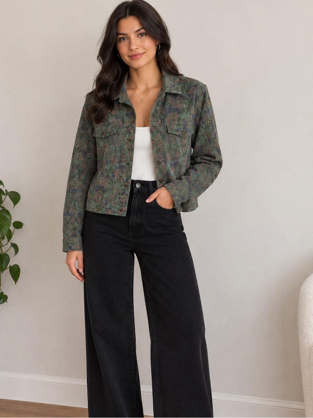 Christopher & Banks Green Floral Button-Front Jacket